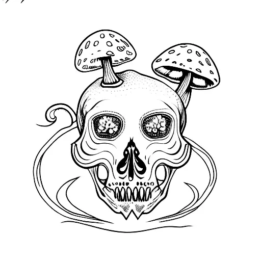 cat skull with mushrooms growing from it tattoo design idea