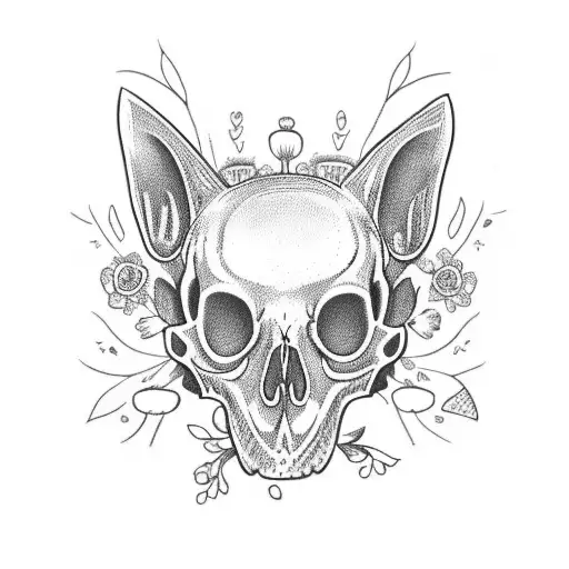cat skull with mushrooms and flowers tattoo design idea