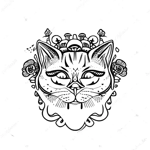 cat skull with mushrooms and flowers tattoo design idea