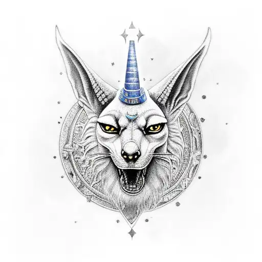Anubis y a la izquierda la mitad de la luna y a la derecha una estrella fugas tattoo design idea