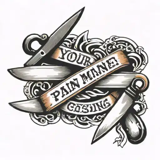 knives crossing with the phrase "your pain is mine now" written in cursive somewhere under or over it  tattoo design idea