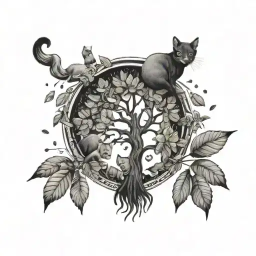 A unique tattoo design of a money tree with cats climbing on it, symbolizing your passion for money and cats tattoo design idea