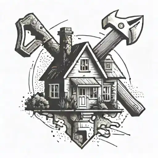 A stylized hammer and saw crossed over a simple house outline tattoo design idea