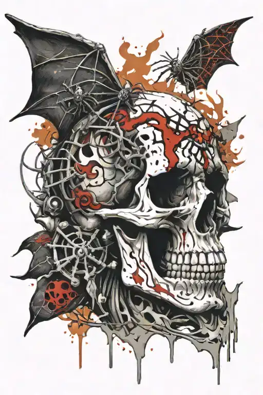 aged and damaged skull with spider in and small fire dragon which comes out exploding on top  tattoo design idea