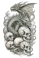 dragon coming out exploding an aged and damaged skull with a small spider escaping tattoo design idea