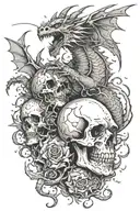 dragon coming out exploding an aged and damaged skull with a small spider escaping tattoo design idea