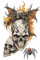 aged and damaged skull with spider and small fire dragon which comes out exploding on top of the skull tattoo design idea