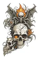aged and damaged skull with spider and small fire dragon which comes out exploding on top of the skull tattoo design idea
