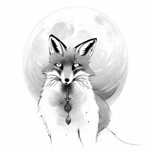 A fox with trees, black leaves, a moon on his forehead tattoo design idea