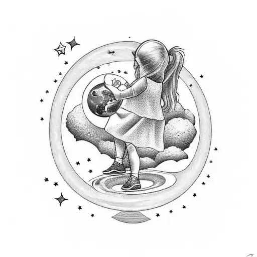 little girl sitting on a small planet in the universe looking out over earth, other planets and stars tattoo design idea