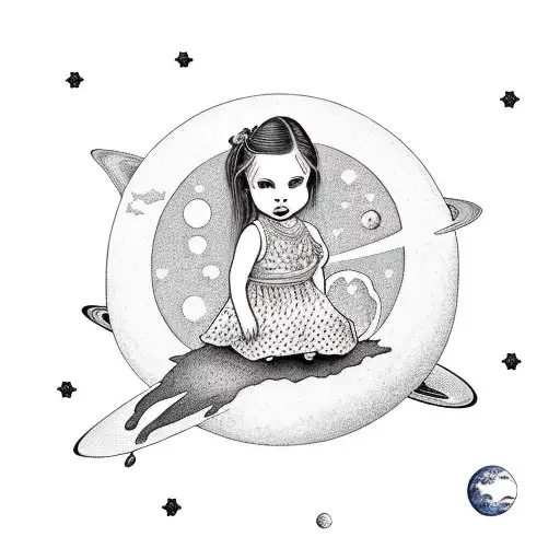 little girl sitting on a planet in the universe looking out over other planets and stars, among them earth  tattoo design idea