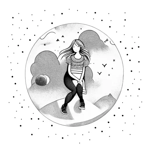 girl sitting on a planet in the universe looking out over other planets and stars, among them earth  tattoo design idea