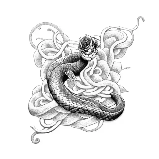 Snake and rose vines wrapped around arm tattoo design idea