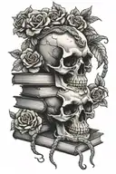 stack of books with skull and snake on top with flowers tattoo design idea