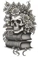 stack of books with skull and snake on top with flowers tattoo design idea
