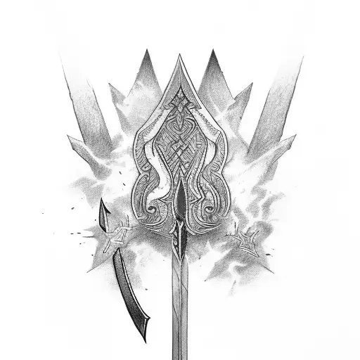 A sword with a broken blade, being crossed by a lightning tattoo design idea