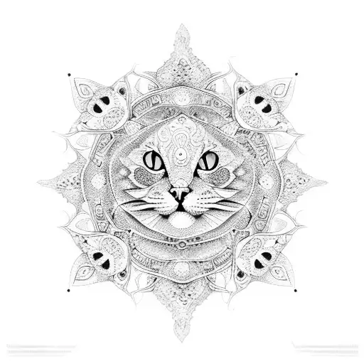 Intricate dotwork mandala with hidden cat faces throughout tattoo design idea