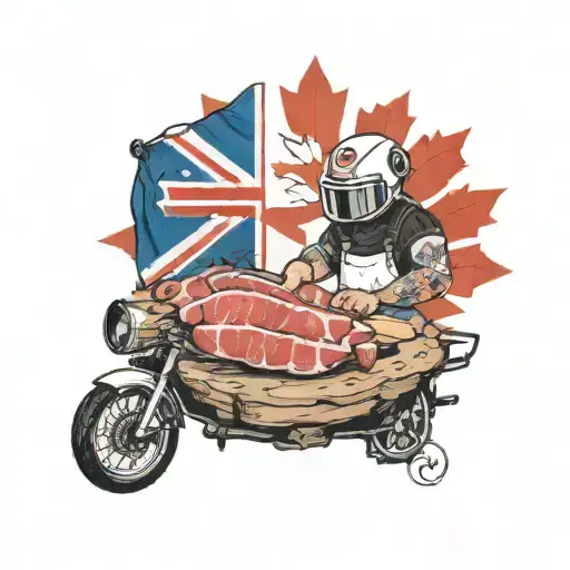 A butcher wearing arai motorcycle helmet and cutting a pork ham leg with a canadian flag at the botanical garden tattoo design idea