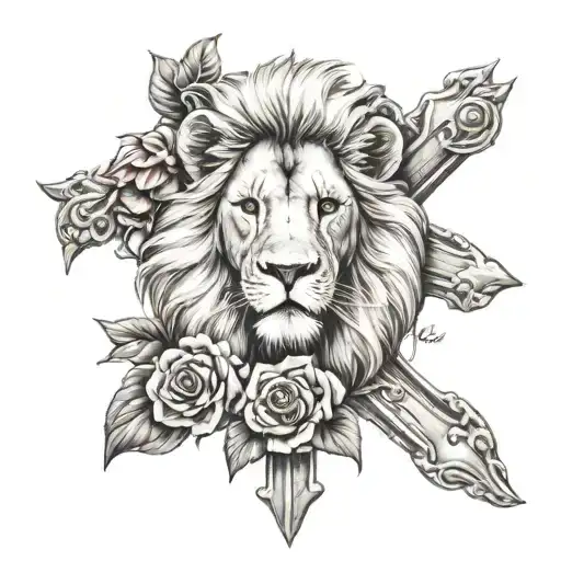lion with a cross and roses  tattoo design idea