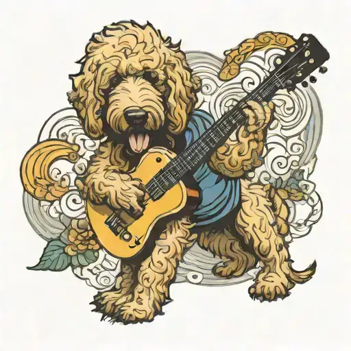 goldendoodle playing guitar tattoo design idea