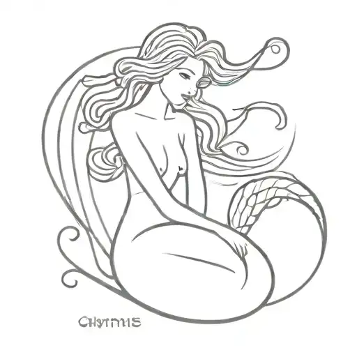 an elegant mermaid, with curly hair, and a dragon-inspired tail. This mermaid will have a graceful appearance tattoo design idea