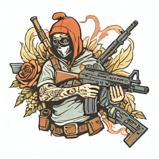 Cupid in a ski mask holding a ak 47 rifle shooting  tattoo design idea