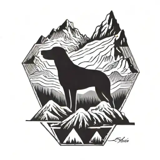 A geometric mountain landscape incorporating a dog silhouette in the foreground tattoo design idea