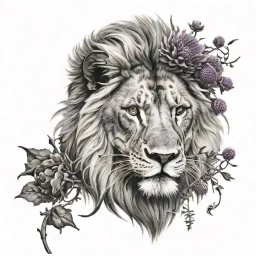 lion's face with scottish thistles tattoo design idea
