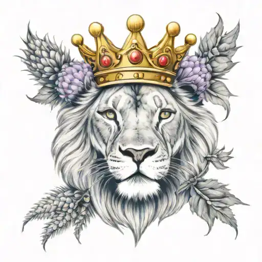 lions face wearing a crown, with scottish thistles  tattoo design idea