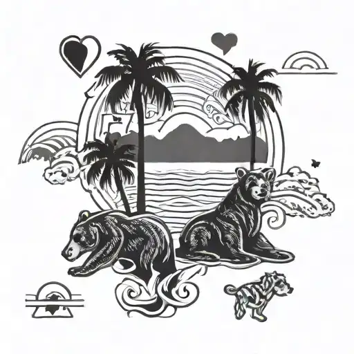 California bear, hearts, sun, wave, dog paw, palm tree. tattoo design idea