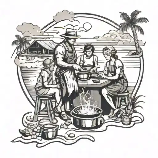 Design a tattoo of a family cooking together in a beach setting, with elements of building and construction subtly included tattoo design idea