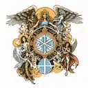 the 7 archangels with their respective attributes and sky background tattoo design idea