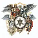 the 7 archangels with their respective attributes and sky background tattoo design idea