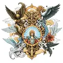 the 7 archangels with their respective attributes and sky background tattoo design idea