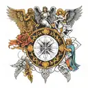 the 7 archangels with their respective attributes and sky background tattoo design idea