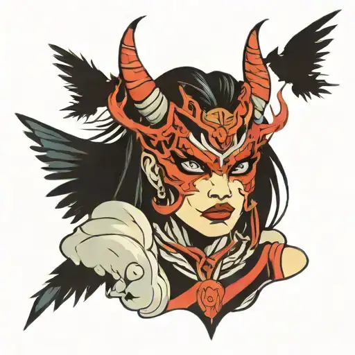 oni broken mask woman hording a bird flying tattoo design idea