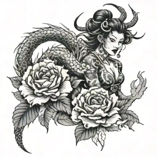 oni woman dragon rose growing tattoo design idea