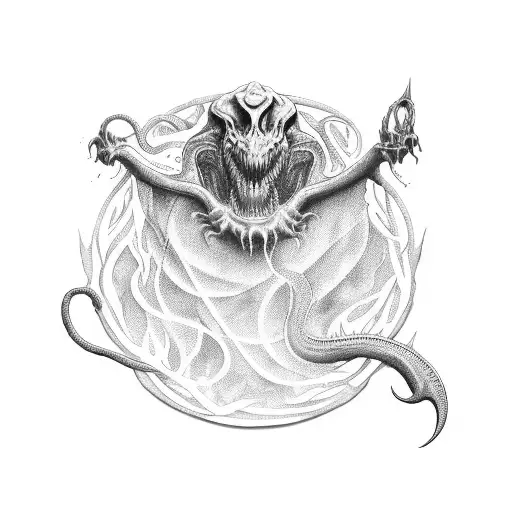 A mystical scene of a basilisk and dementor engaged in a battle on the cover of a book, capturing the essence of fantasy literature tattoo design idea