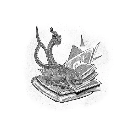 A mystical basilisk intertwining with a stack of books, symbolizing the client's love for reading and magical creatures tattoo design idea