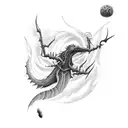 A mystical scene of a basilisk and dementor engaged in a battle on the cover of a book, capturing the essence of fantasy literature tattoo design idea