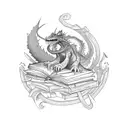 A mystical basilisk intertwining with a stack of books, symbolizing the client's love for reading and magical creatures tattoo design idea