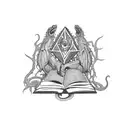 A mystical basilisk intertwining with a stack of books, symbolizing the client's love for reading and magical creatures tattoo design idea