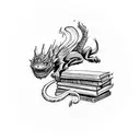 A mystical basilisk intertwining with a stack of books, symbolizing the client's love for reading and magical creatures tattoo design idea