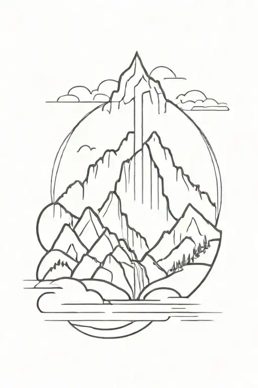 stamp with Mountains and a waterfall in the front view tattoo design idea