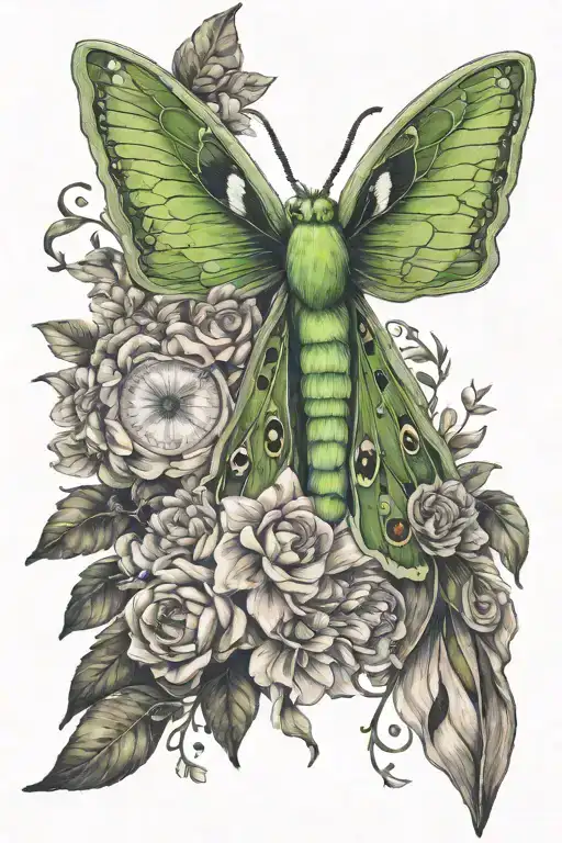 luna moth, barn owl, fox sitting with floral design tattoo design idea