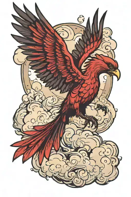 gothic red comorant phoenix hybrid bird flying though clouds floating tattoo design idea