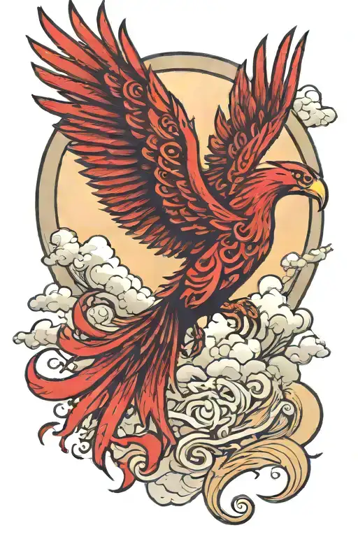gothic red comorant phoenix hybrid bird flying though clouds floating with sun and crescent moon in distance  tattoo design idea