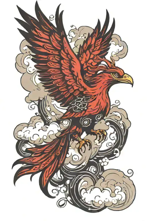 gothic red comorant phoenix hybrid bird flying though clouds floating tattoo design idea