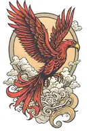 gothic red comorant phoenix hybrid bird flying though clouds floating with sun and crescent moon in distance  tattoo design idea