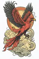 gothic red comorant phoenix hybrid bird flying though clouds floating with sun and crescent moon in distance  tattoo design idea